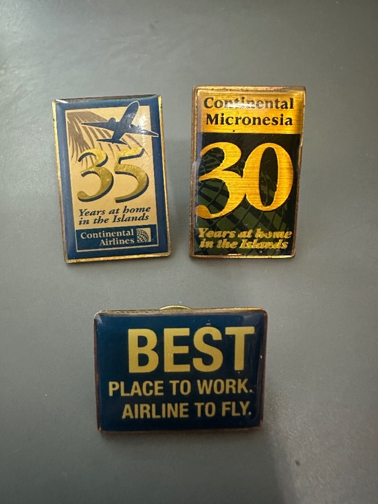 Continental Airlines Jewelry - 3 Vintage Continental Micronesia Airlines Pins 30-35 Years at Home in the Island